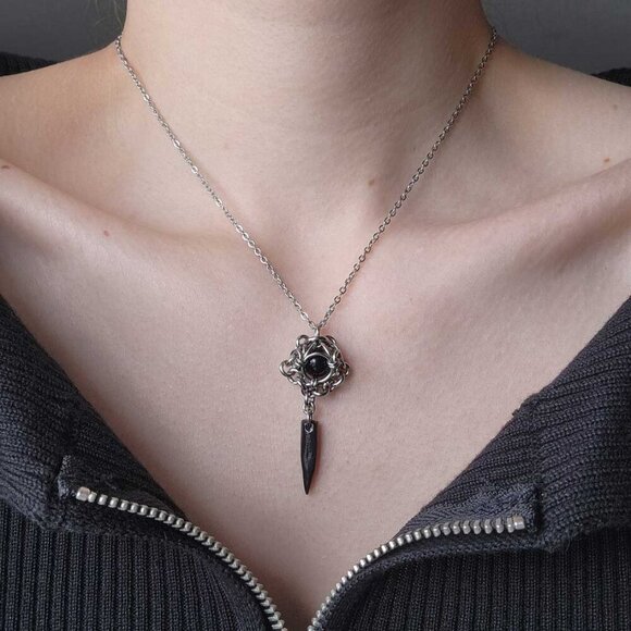 Gothic black jasper long chainmaille necklace with a small silver chain - Picture 1 of 8